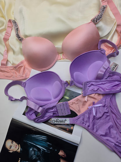 (36-42)B [Peach & Purple] Victoria Secret Soft Push-up Pad Bra Panty Set(134)