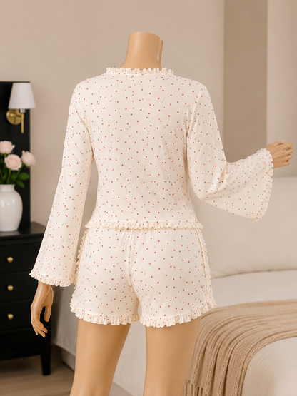 Love Pattern Ruffle-Trim Drawstring Top & Shorts Women Pajama Set