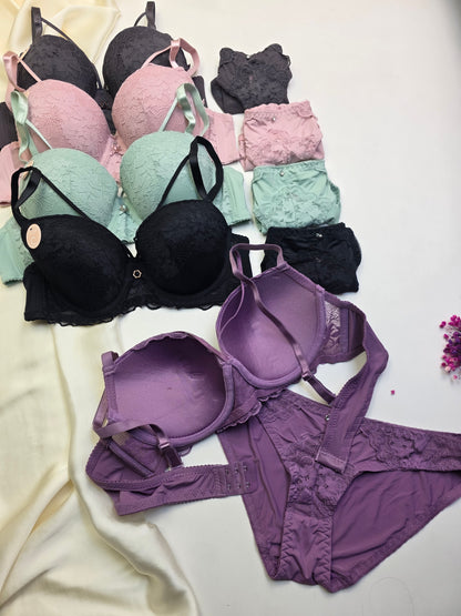 (38-44)C Cup Bridal Lace Pattern Padded Pushup Wire Bra & Matching Underwear (084)*