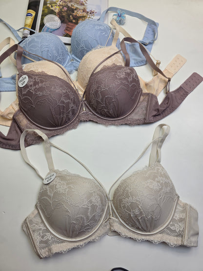 (34-40)b Criss Cross Strip Double Padded Pushup Lacy Bra
