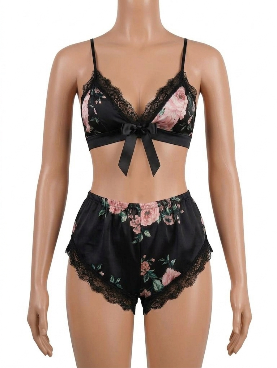 3 Piece Floral Printed Full Sleeves Silk Nighty With Bikini Set