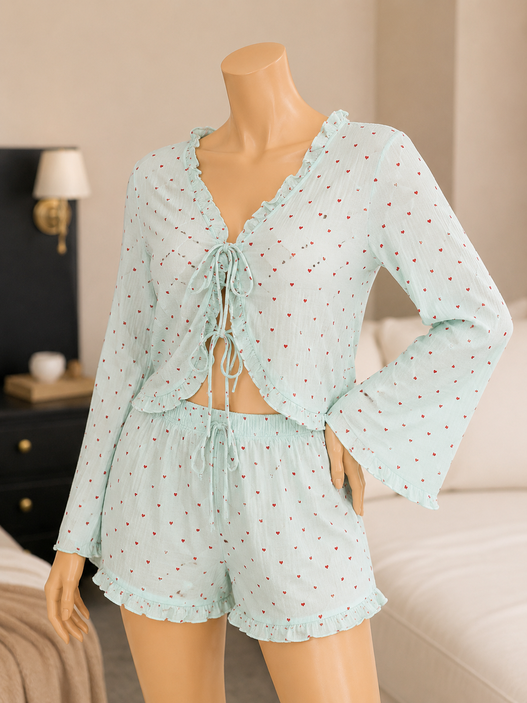 Love Pattern Ruffle-Trim Drawstring Top & Shorts Women Pajama Set