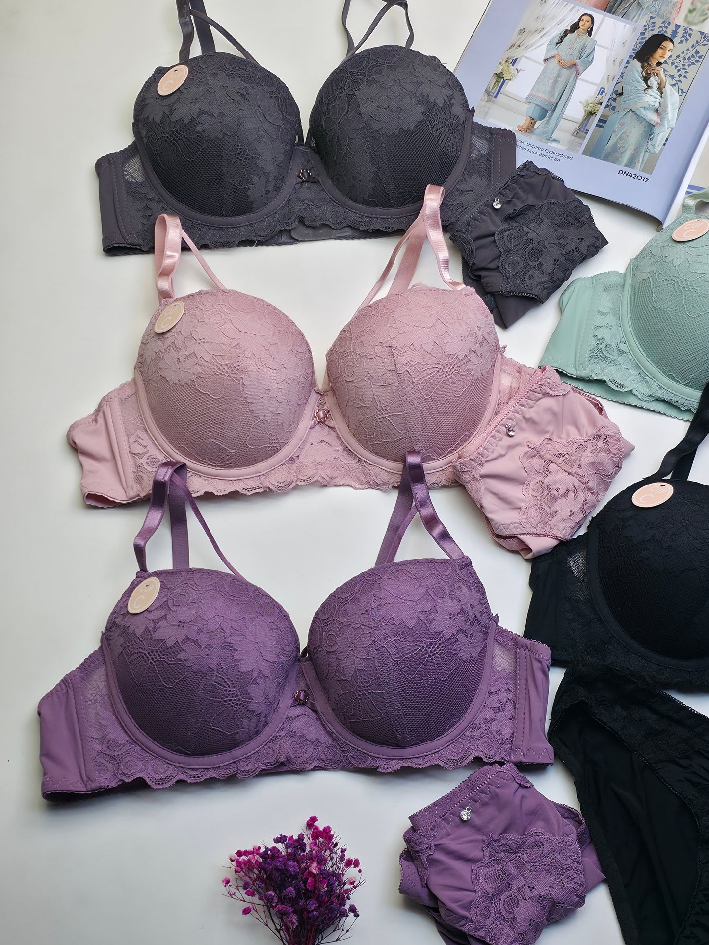 (38-44)C Cup Bridal Lace Pattern Padded Pushup Wire Bra & Matching Underwear (084)*