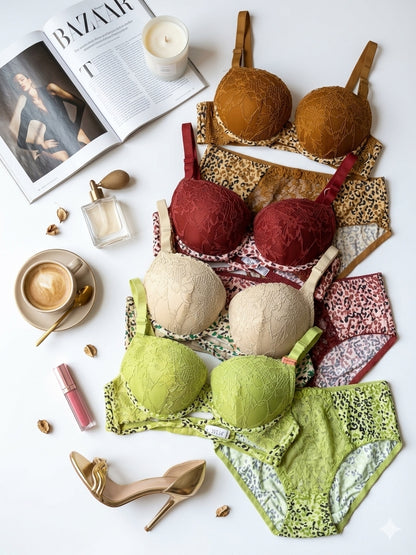 (36-42) Luxury Lace Pattern  Under Wire Bra Panty Set (R3)