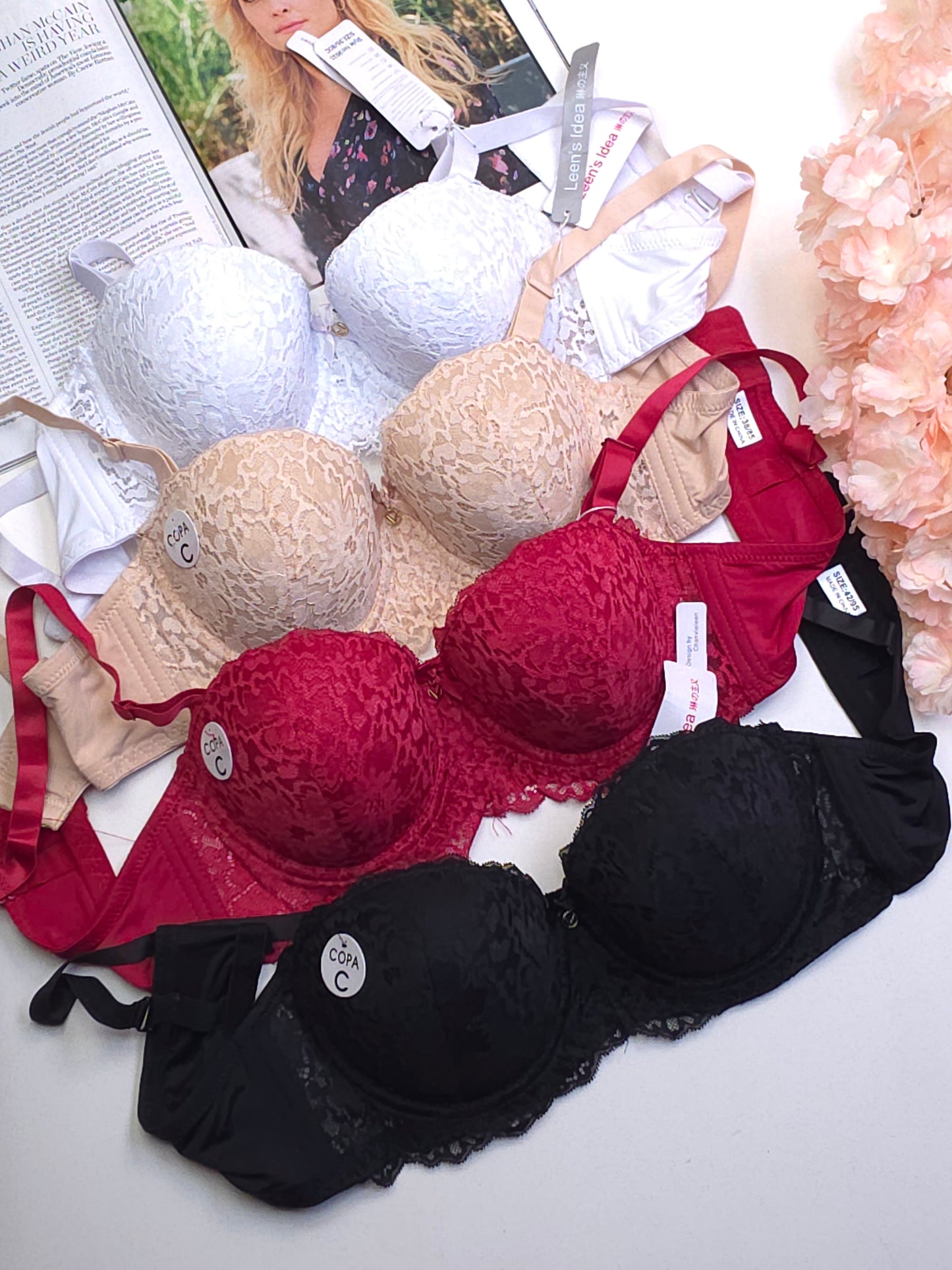 (36-42)C Cup Size Half Cup Shape Padded Push up Wired Flower Pattern Bra (159)