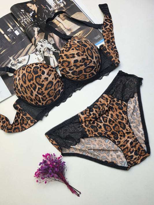 (36-42)C Cup Size Leopard Thin Padded Push-up Wire Bra & Underwear Combo(083-084)