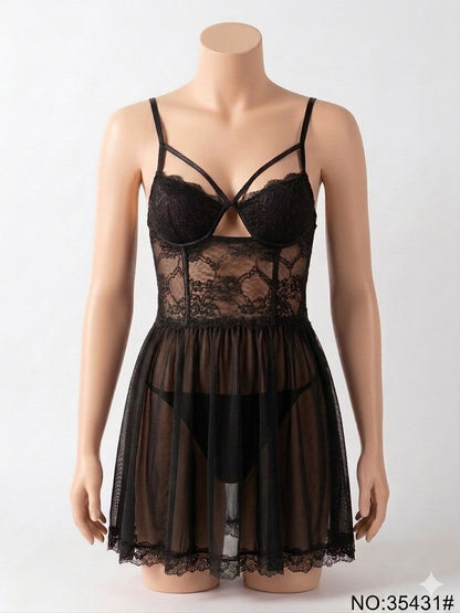 Front Hollow Cup Lace Babydoll Nighty 35431 (C3-R4)
