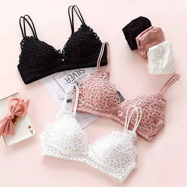 Double Stripped Single Padded Floral Design Bra & Panty Set