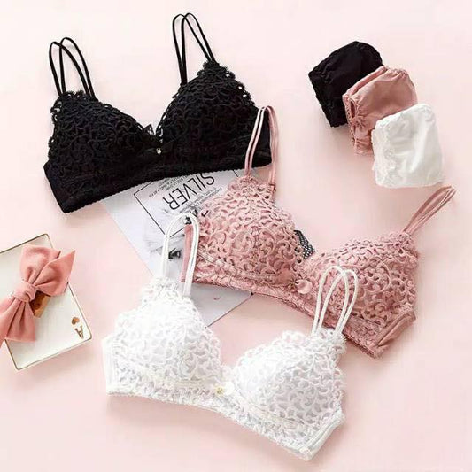 Double Stripped Single Padded Floral Design Bra & Panty Set