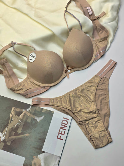 Elegant Padded Pushup(Golden sikn )Wired Bra set ^