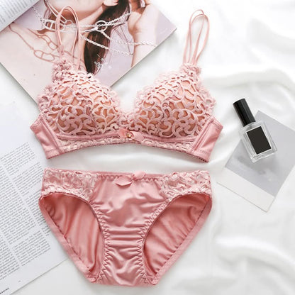 Double Stripped Single Padded Floral Design Bra & Panty Set