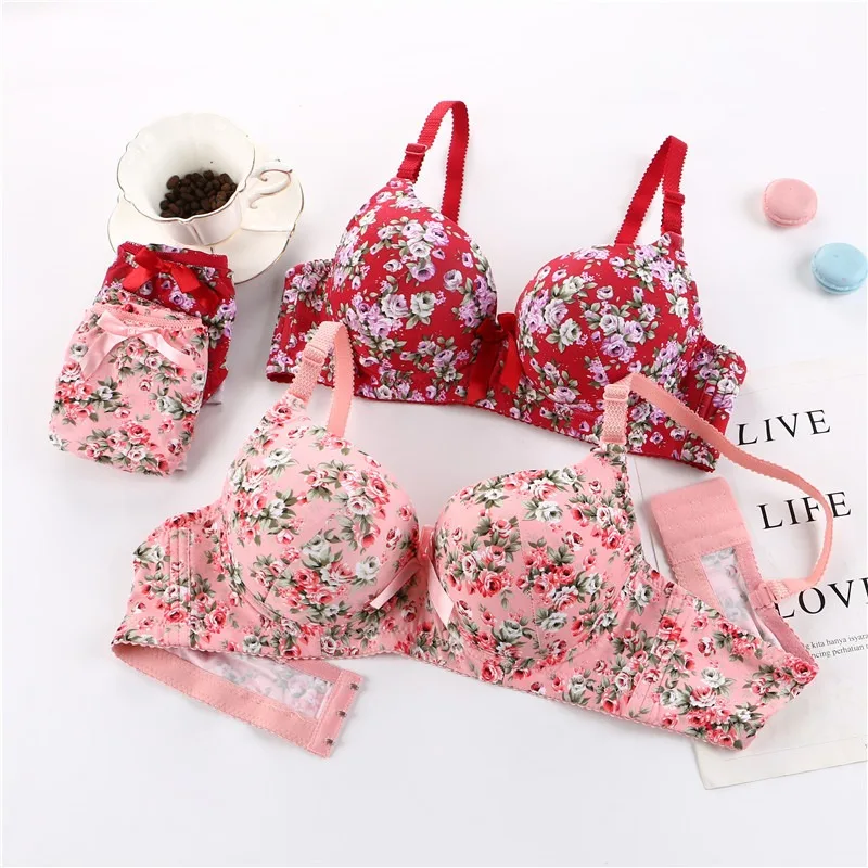 (36-42)b Elegant Flower Printed Single Padded Bra Panty Set(748)R2