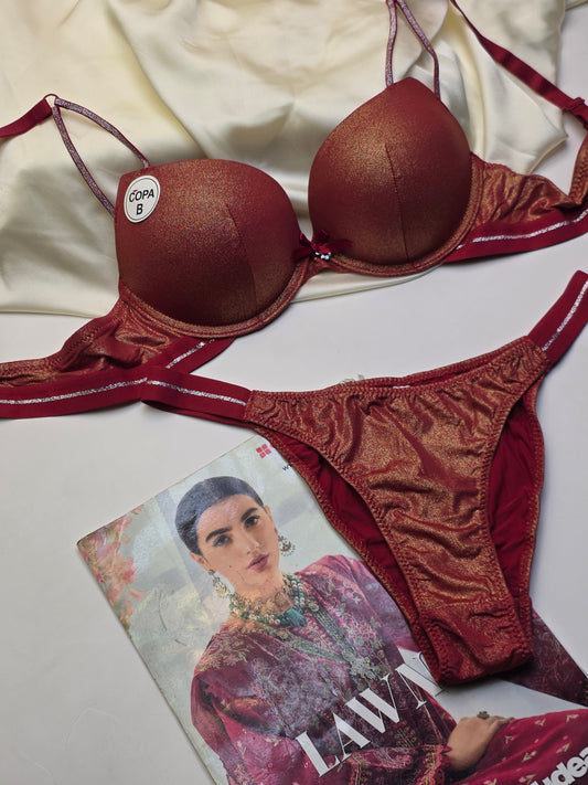 (34-40)b Brick Red Padded Pushup Wired Bra set  (42-004)