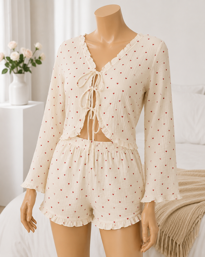 Love Pattern Ruffle-Trim Drawstring Top & Shorts Women Pajama Set