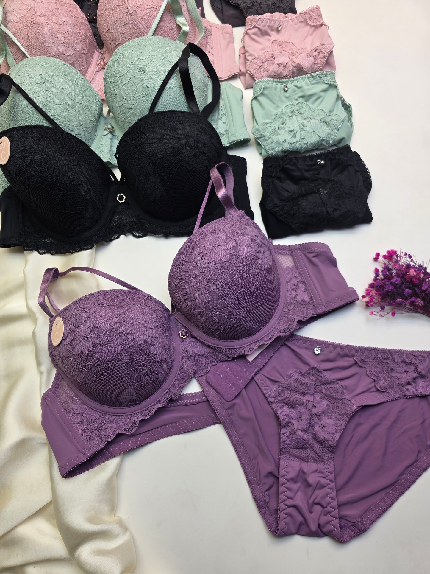 (38-44)C Cup Bridal Lace Pattern Padded Pushup Wire Bra & Matching Underwear (084)*