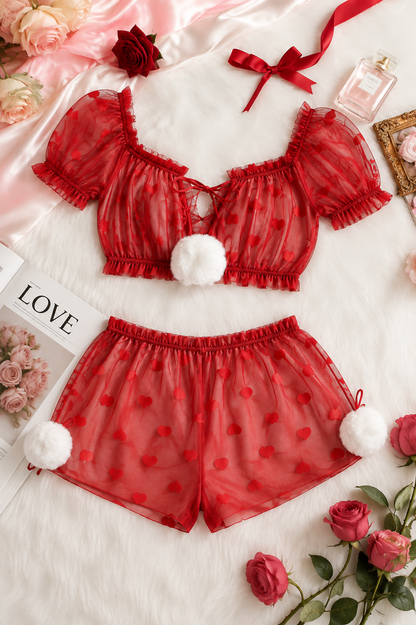 PetitDoll Sexy Christmas Ball Ruffle Heart Mesh Sheer Temptation Lingerie Set 8407 (C7-R2)