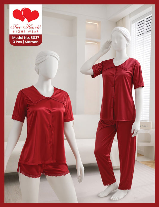 3 Piece Silk Sleepwear with Boxer and Trouser(8037)