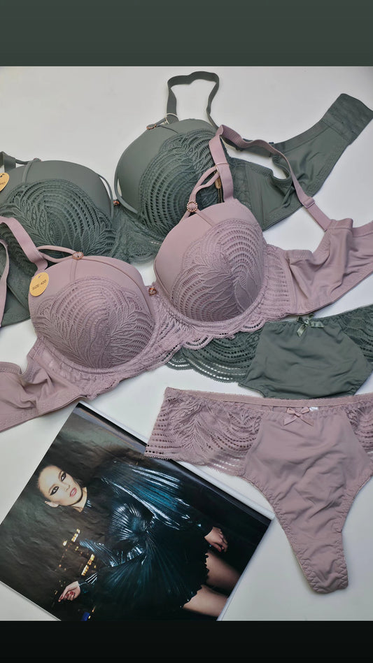 (38-44)Half Cup Lace Thin Pad Wire Bra Panty Set(049)