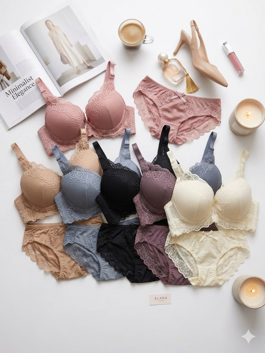 (32-36)b Elegant Lacy Soft Padded Wired Bra set 8221^