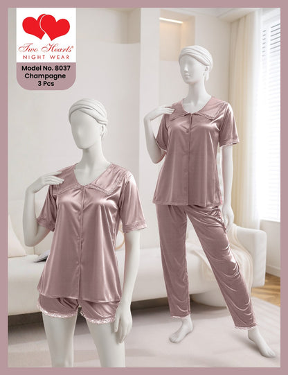 3 Piece Silk Sleepwear with Boxer and Trouser(8037)