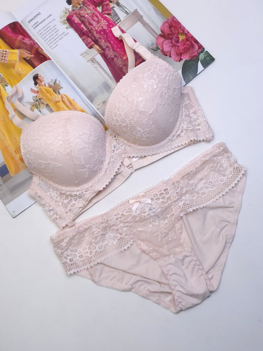 (36-42)C Cup Bridal Lace Pattern Padded Pushup Wire Bra & Matching Underwear (001)
