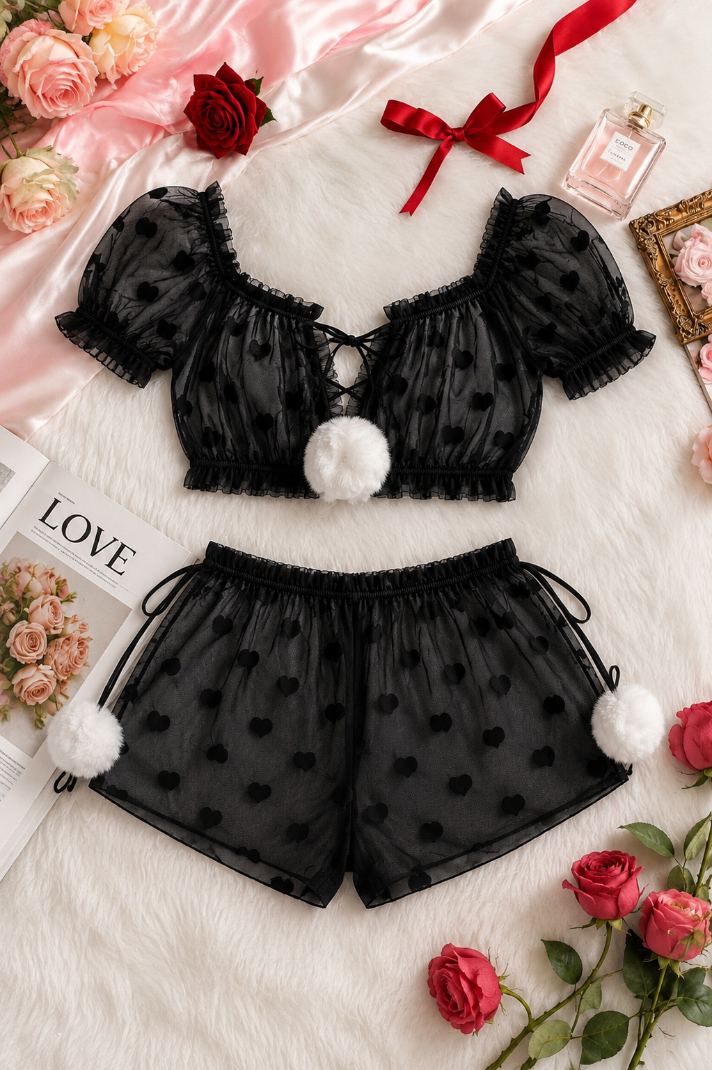 PetitDoll Sexy Christmas Ball Ruffle Heart Mesh Sheer Temptation Lingerie Set 8407 (C7-R2)