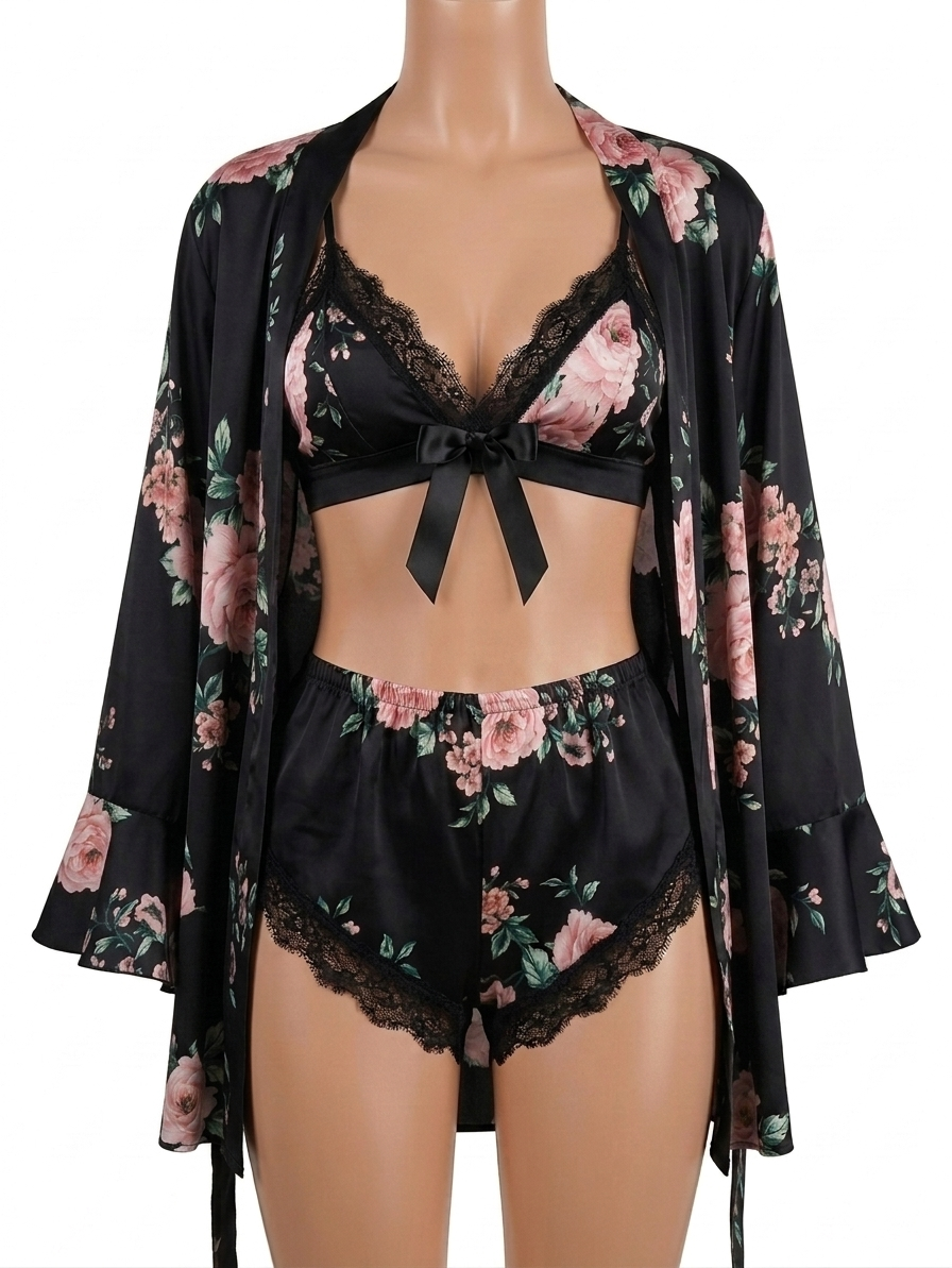 3 Piece Floral Printed Full Sleeves Silk Nighty With Bikini Set
