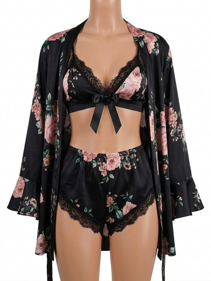 3 Piece Floral Printed Full Sleeves Silk Nighty With Bikini Set