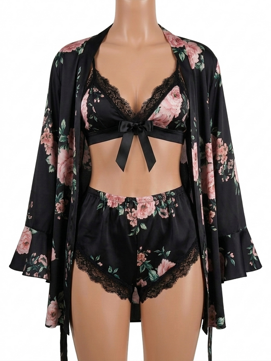 3 Piece Floral Printed Full Sleeves Silk Nighty With Bikini Set