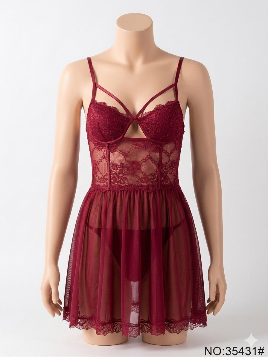 Front Hollow Cup Lace Babydoll Nighty 35431 (C3-R4)