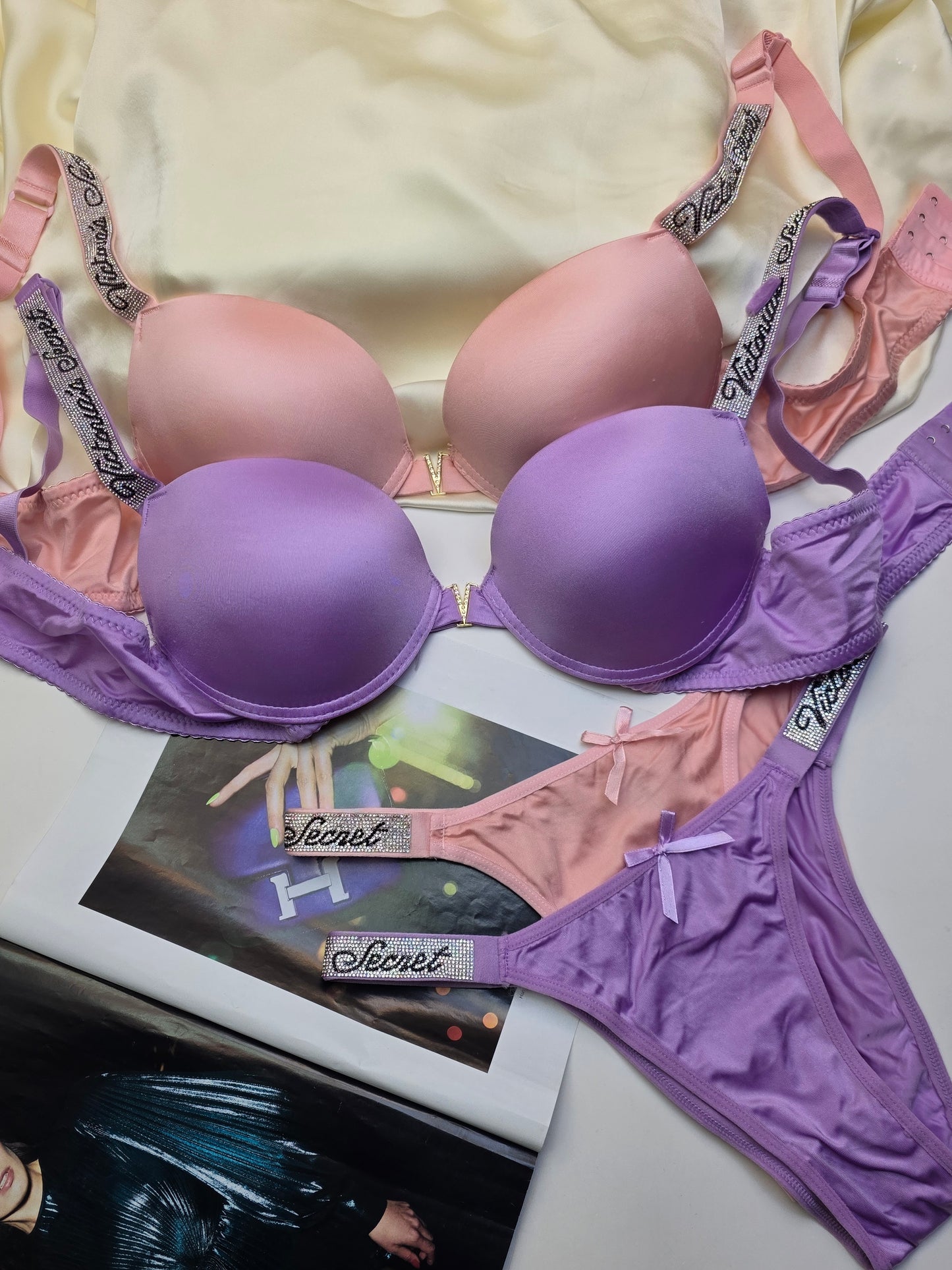 (36-42)B [Peach & Purple] Victoria Secret Soft Push-up Pad Bra Panty Set(134)