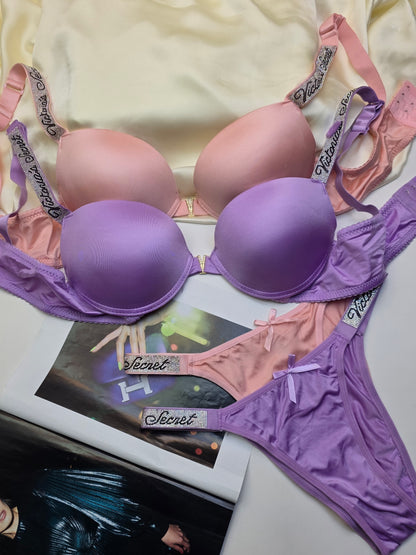 (36-42)B [Peach & Purple] Victoria Secret Soft Push-up Pad Bra Panty Set(134)