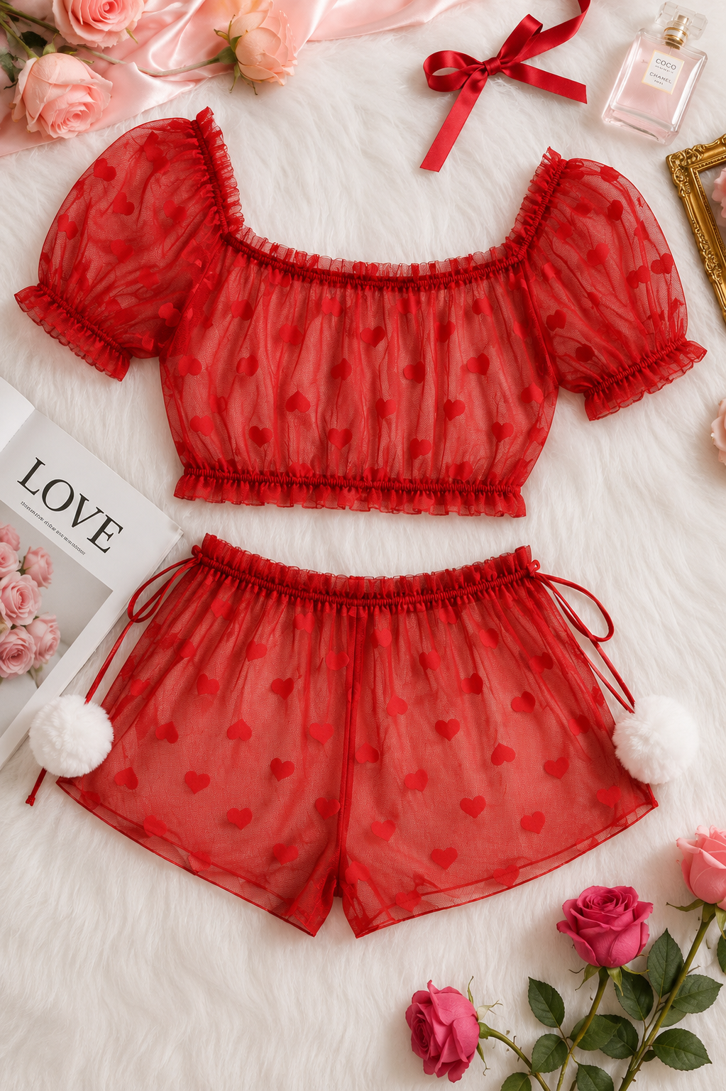 PetitDoll Sexy Christmas Ball Ruffle Heart Mesh Sheer Temptation Lingerie Set 8407 (C7-R2)
