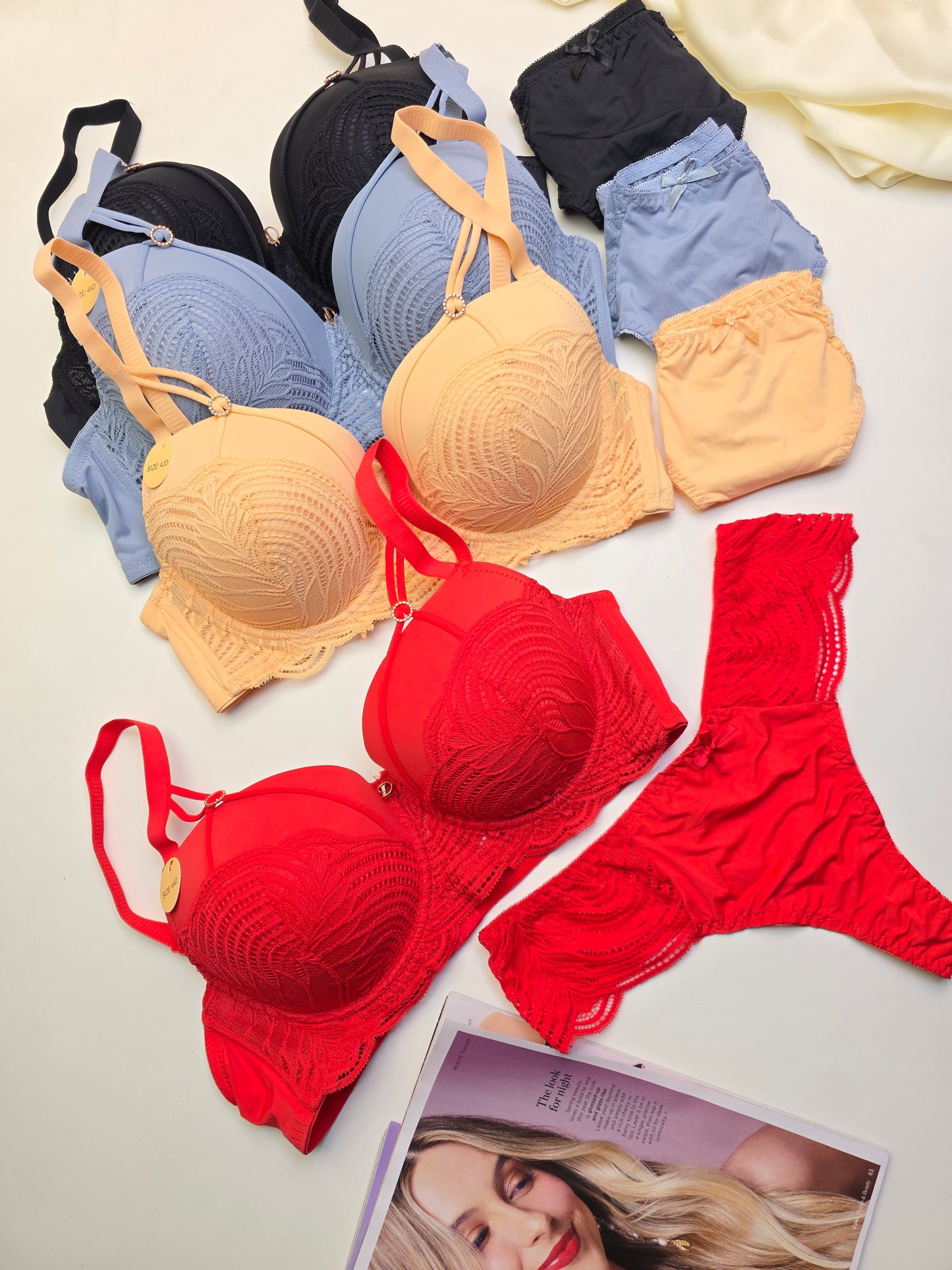 (38-44)Half Cup Lace Thin Pad Wire Bra Panty Set(049)