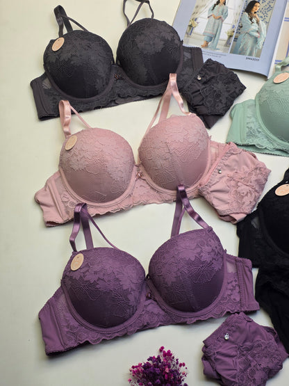 (38-44)C Cup Bridal Lace Pattern Padded Pushup Wire Bra & Matching Underwear (084)*