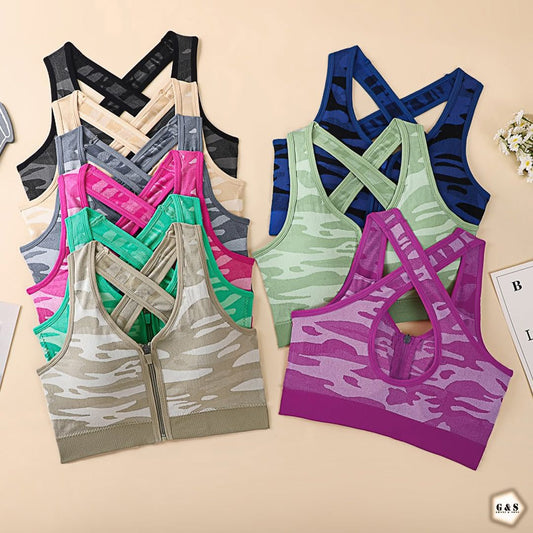 (36-40)Cross Neck Front Zipper Sports Bra